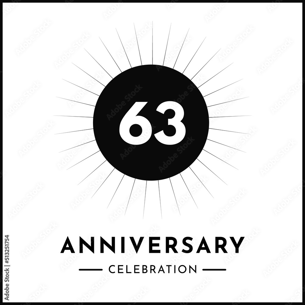 63 years anniversary celebration with starburst isolated on white background. Creative design for happy birthday, wedding, ceremony, event party, award, invitation event, and greeting card. 63 years anniversary celebration with starburst isolated on white background. Creative design for happy birthday, wedding, ceremony, event party, award, invitation event, and greeting card.
