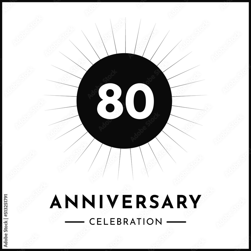 80 years anniversary celebration with starburst isolated on white background. Creative design for happy birthday, wedding, ceremony, event party, award, invitation event, and greeting card. 80 years anniversary celebration with starburst isolated on white background. Creative design for happy birthday, wedding, ceremony, event party, award, invitation event, and greeting card.