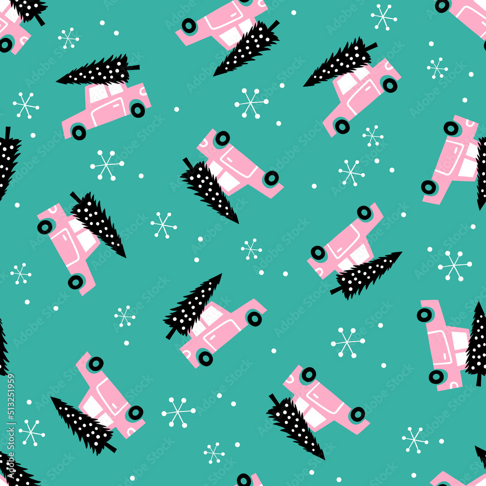 Seamless vector pattern with cute Christmas cars. Perfect for textile, wallpaper or print design. 