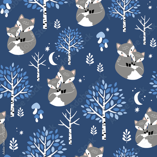 Seamless vector pattern with hand drawn fox family, cute baby fox and trees. Woodland nursery illustration. Perfect for textile, wallpaper or print design.