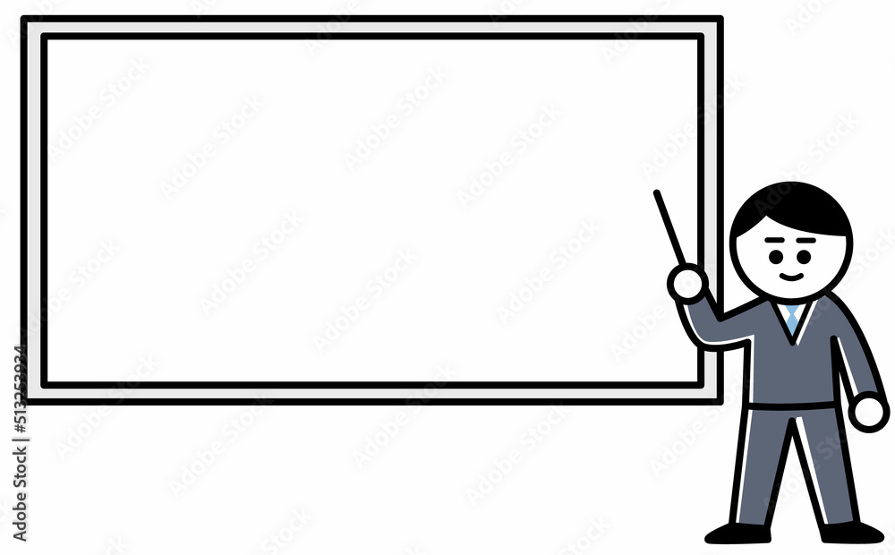 Man pointing to a white board, vector illustration, ホワイトボードを指すビジネスマン