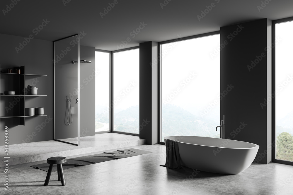 Grey bathroom interior with douche, tub and decoration, panoramic window Grey bathroom interior with douche, tub and decoration, panoramic window