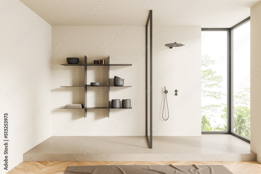 Fototapeta premium Light bathroom interior with douche and decoration, panoramic window