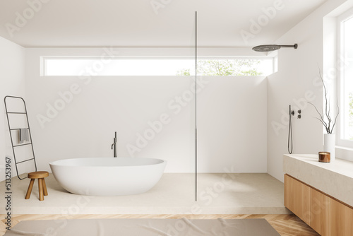 Light bathroom interior tub with douche and accessories  panoramic window