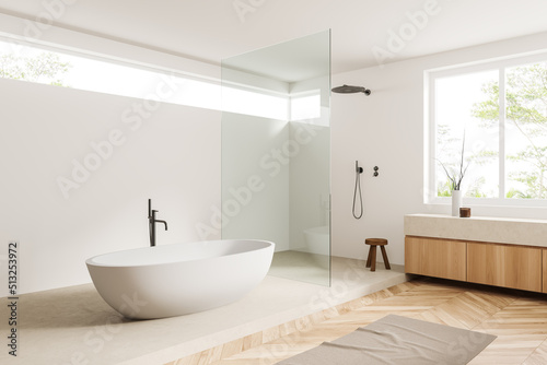 Light bathroom interior tub with douche and accessories  panoramic window