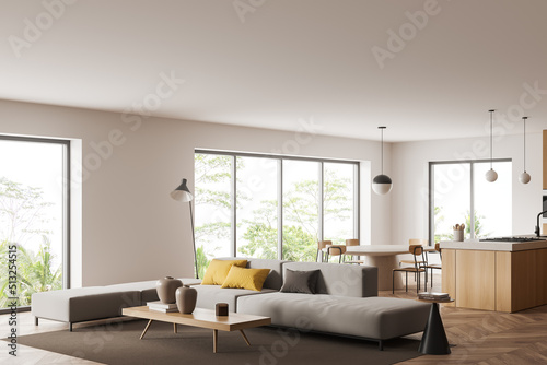 Light kitchen interior with couch and eating area  panoramic window