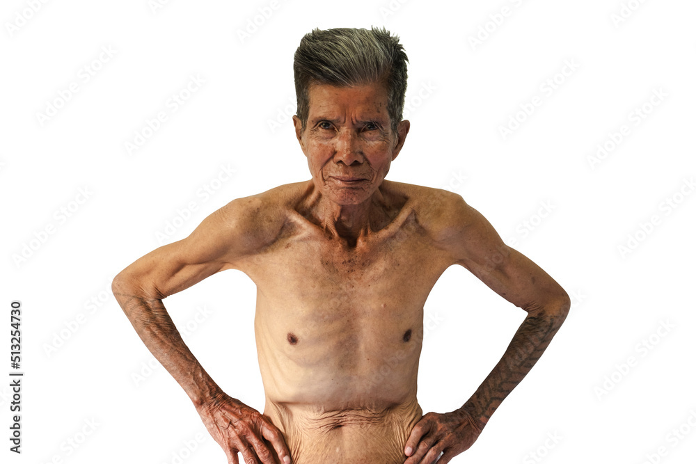 Asian Old Man Skinny Torso In A White Background Copy Space Stock 
