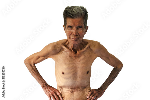 Asian old man Skinny torso in a white background. Copy space