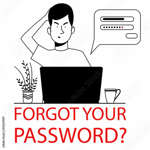 The man forgot her personal details. People scratches his head. web splash concept with forgotten password, account protection, danger warning. Vector illustration in black and white in doodle style.