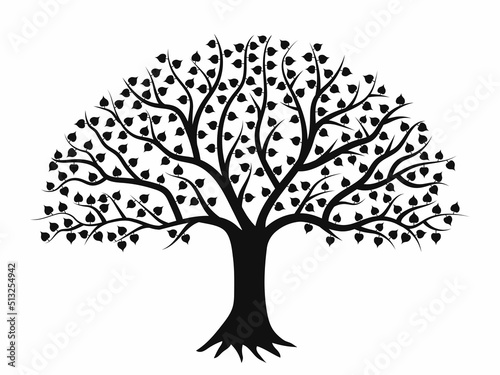 The Bodhi tree silhouette icon template. Enlightenment of Buddha. Tree of life concept with rays round shape design, vector isolated on white background. Graphic resource stock for Buddhist festivals