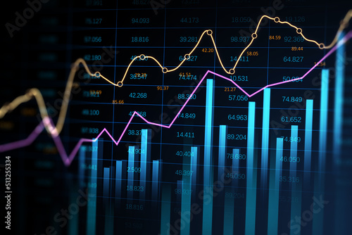 Abstract glowing business chart with index and growth on blurry background. Finance, trade and market report concept. 3D Rendering.