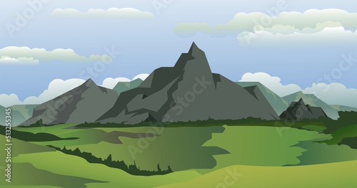 Landscape of Mountain During the Day with Clear Cloudy Blue Sky. Beautiful Nature Scenery Vector Illustration