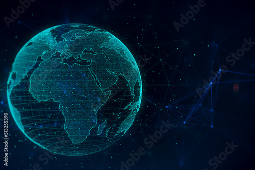 Fototapeta Naklejka Na Ścianę i Meble -  Creative glowing polygonal grid planet on dark texture. Globe, international map, communication, network earth and technology concept. 3D Rendering.