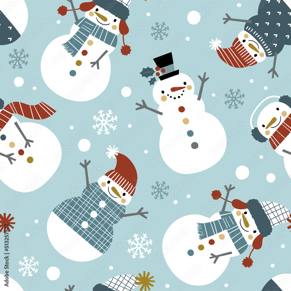 Cute snowmen seamless vector pattern. Perfect for textile, wallpaper or print design.