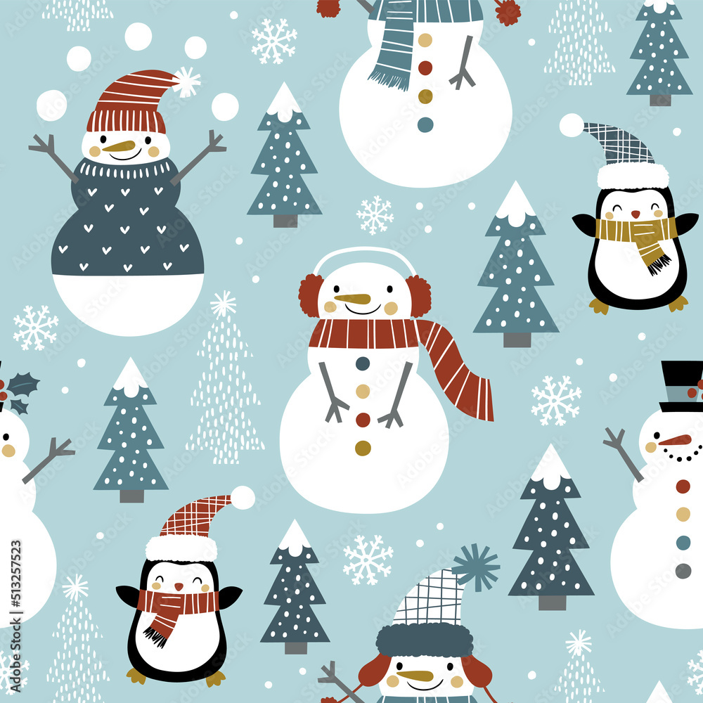 Cute snowmen seamless vector pattern. Perfect for textile, wallpaper or print design. Cute snowmen seamless vector pattern. Perfect for textile, wallpaper or print design.