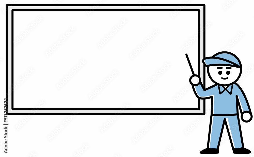 Man pointing to a white board, vector illustration, ホワイトボードを指す作業服の男性 Man pointing to a white board, vector illustration, ホワイトボードを指す作業服の男性
