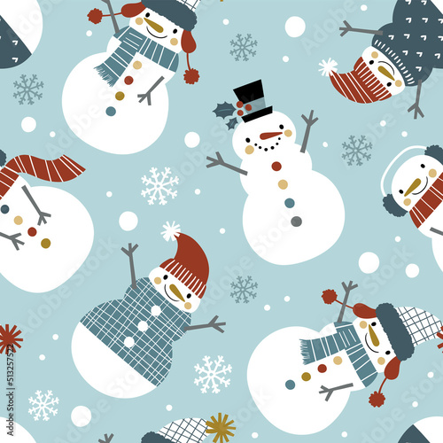 Cute snowmen seamless vector pattern. Perfect for textile, wallpaper or print design.