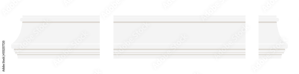 White molding baseboards elements isolated on white background. Architectural plastic or wood elements for interior wall design. Vector flat style illustration. Moldings kit.