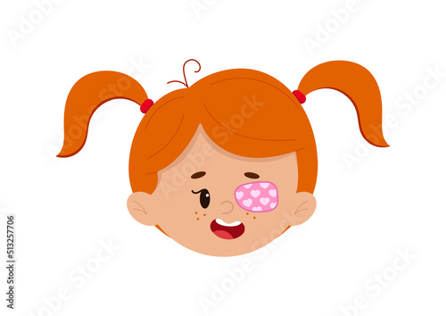 Amblyopia eye patch on girl face isolated on white background. Cute ophthalmology kid avatar - child head icon for lazy eye treatment. Flat design cartoon style vector illustration. 