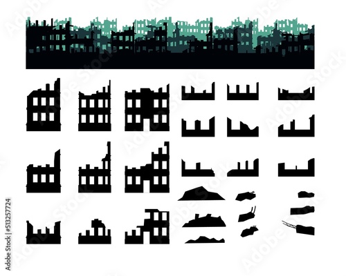 Set of houses and debris. Ruined city. Apocalypse natural or war. Isolated on white background. Sad landscape of destruction. Vector