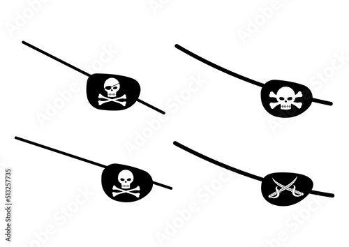 Pirate eye patch with skull and cross bones and cutlass costume set. Black silhiuette blindfold mask for corsair party lost eye with skeleton head and crossbones vector flat design illustration. photo