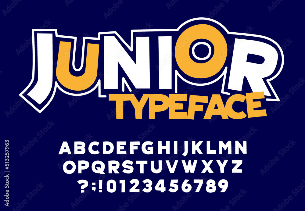 Junior alphabet font. Hand drawn letters and numbers. Stock vector typeface for your typography design.