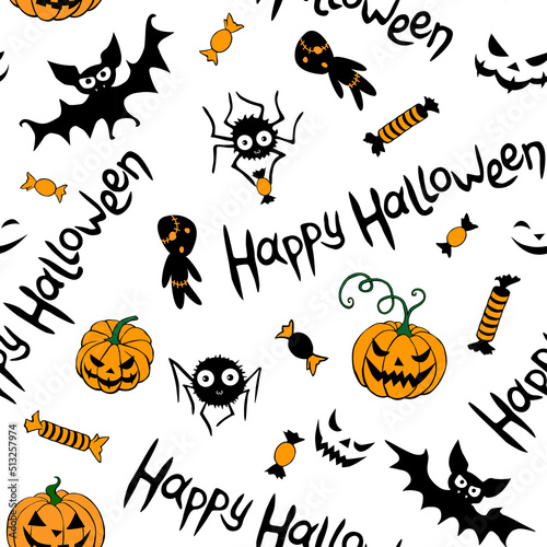 Happy Halloween-seamless pattern of traditional holiday symbols-pumpkin, Jack lantern, zombie, bat, spider, candies. Funny texture for greeting card, invitation, party poster, wrapping paper