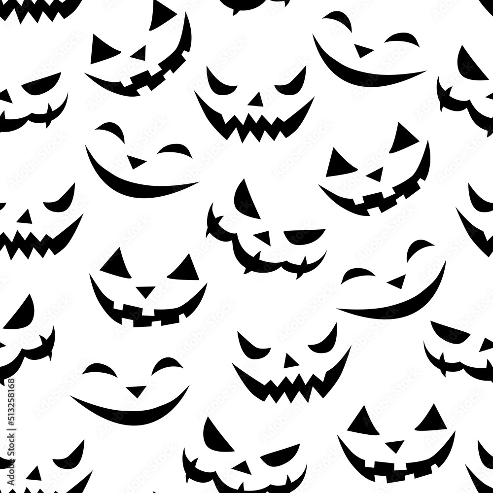 Seamless pattern of smiling faces ghosts in flat style. Vector Halloween's texture or background for party, poster, invitation, any design. Danger animal. Black and white, isolated Seamless pattern of smiling faces ghosts in flat style. Vector Halloween's texture or background for party, poster, invitation, any design. Danger animal. Black and white, isolated