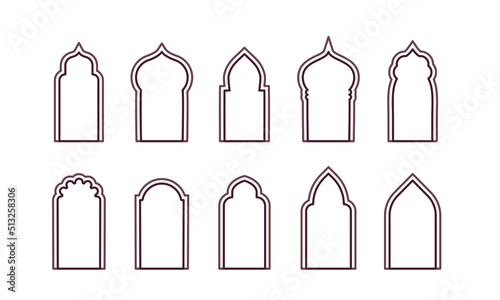 Arab arch door line set. Islam window or gate. Decorative frame. Vector illustration