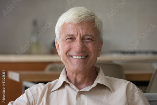 Head shot portrait handsome optimistic senior man sit indoor looking posing on camera, having wide toothy smile advertise professional dental clinic services for elders. Carefree retirement concept