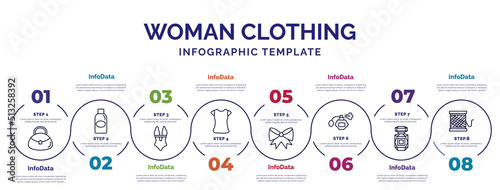 infographic template with icons and 8 options or steps. infographic for woman clothing concept. included hobo shoulder bag, swimsuit feminine, polo shirt for women, bow black, parfum bottle, perfume