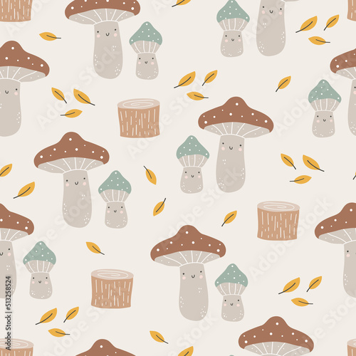 Seamless pattern with hand drawn colourful mushrooms. Autumn cute digital paper. Creative childish pattern. Vector illustration.