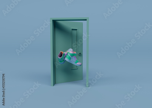 3d render of shoe flying in front of door isolated on Pastel background, 3d background minimal scene photo