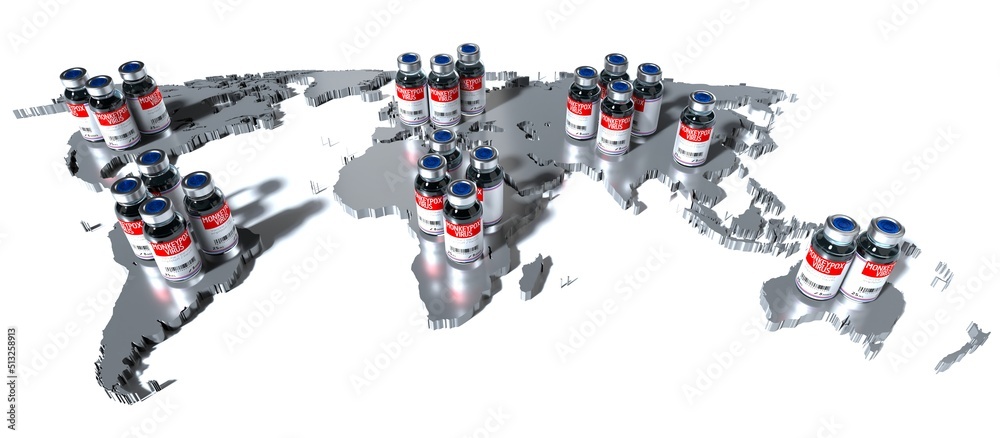 Monkeypox vaccine ampoules and world map - 3D illustration Monkeypox vaccine ampoules and world map - 3D illustration