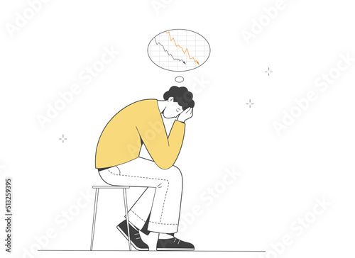 Sad man who failed. Stock market losses, crash. Bankrupt, reduced income, loss, decreased turnover. Business and stock investment concept illustration.