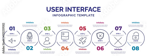 infographic template with icons and 8 options or steps. infographic for user interface concept. included look, add user, gallery, rocket launch, desactivate, close, unblocked icons.