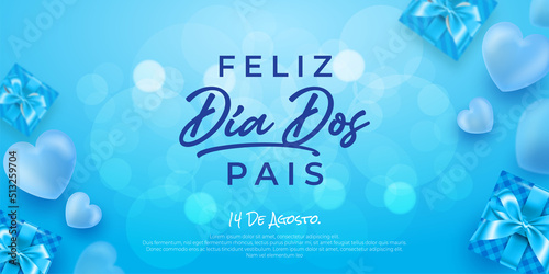 Realistic banner feliz dia dos pais frame with lettering on blue background