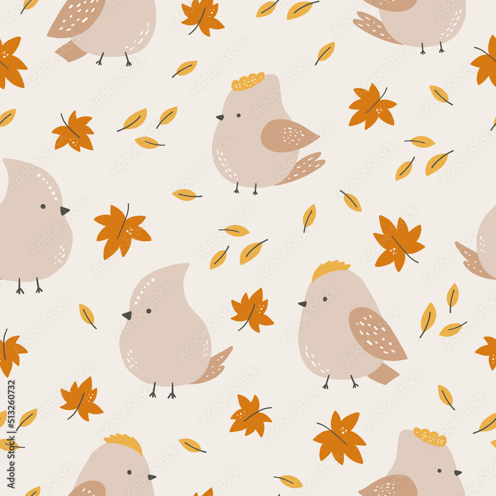 Seamless pattern with cute birds on maple leaves. Creative scandinavian background. Perfect for kids apparel,fabric, textile, nursery decoration,wrapping paper.Vector Illustration.