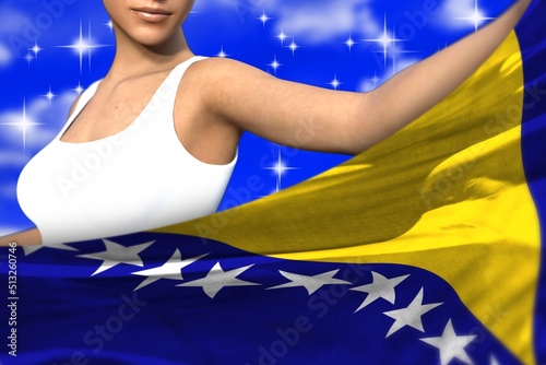 beautiful woman holds Bosnia and Herzegovina flag in front on the blue colorful clouds - flag concept 3d illustration