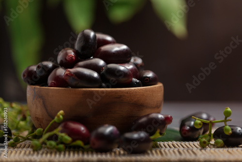 Close-Up of collection of Indian Ayurvedic medicinal fresh organic fruit jamun (Syzygium Cumini) 