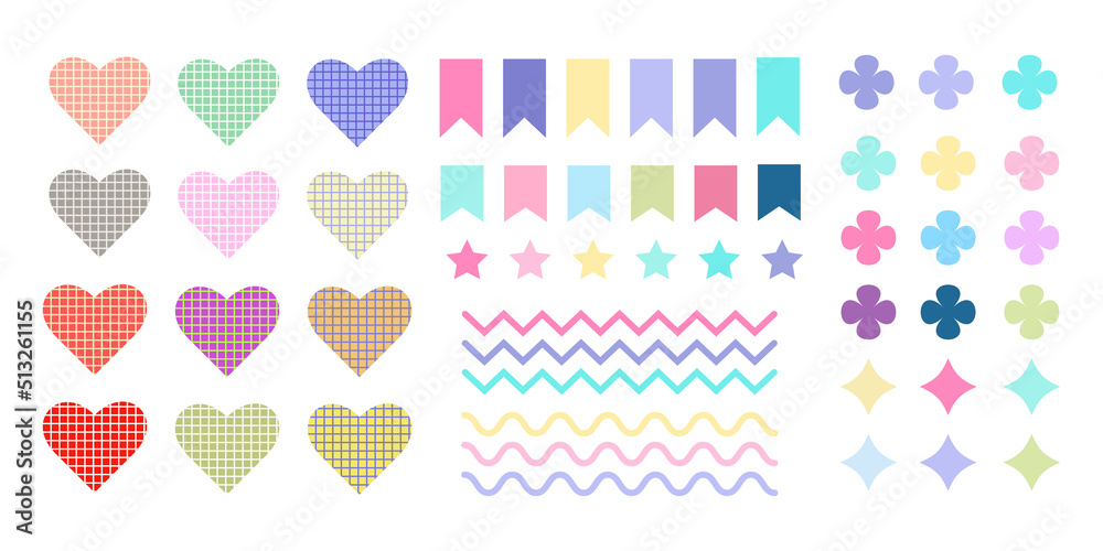 Vector abstract shape for notepad. Flags, bookmarks, hearts, zigzag, diamonds, waves. Cute korean element Vector abstract shape for notepad. Flags, bookmarks, hearts, zigzag, diamonds, waves. Cute korean element