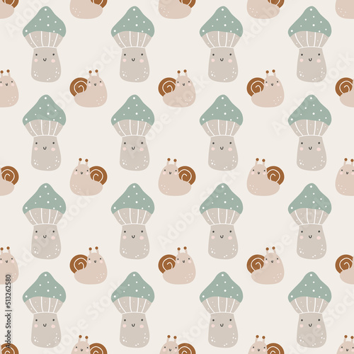 Seamless pattern with hand drawn colourful mushrooms and snail. Autumn cute digital paper. Creative childish pattern. Vector illustration.