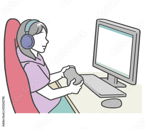 子供部屋でオンラインゲームをする、ヘッドフォンを付けた若い女性