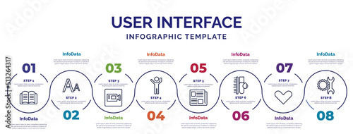 infographic template with icons and 8 options or steps. infographic for user interface concept. included book opened at center, facetime, about successful man, newspaper folded, ink level, hearth,
