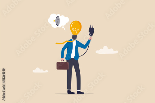 Inspiration or creativity to think of solution or solving business problem, imagination or innovation to success, brilliant idea, businessman with lightbulb head try to find electricity to light up.