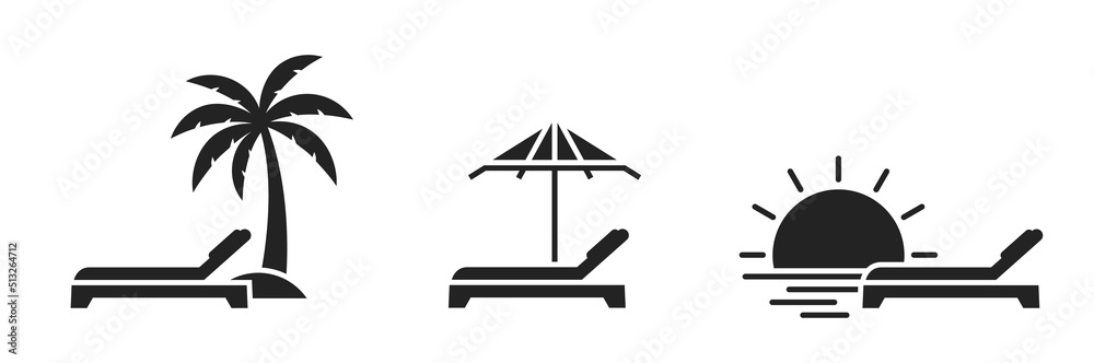 beach icon set. palm, sun umbrella, sunset and sunbed. sea vacation symbol. vector image for tourism design beach icon set. palm, sun umbrella, sunset and sunbed. sea vacation symbol. vector image for tourism design