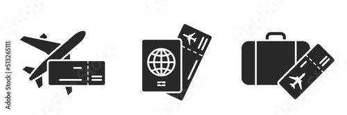 travel icon set. flight ticket, plane, passport and travel bag. vacation symbols. vector image for tourism design