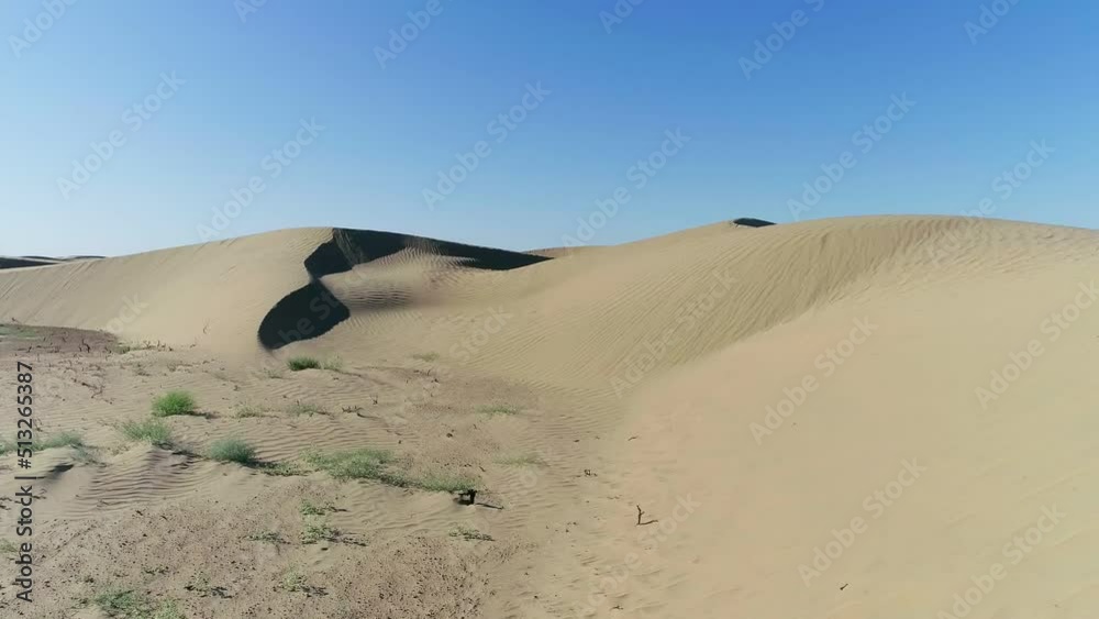 Desert in the spring. Dunes with rare grass. Filmed by drone, aerial view Desert in the spring. Dunes with rare grass. Filmed by drone, aerial view