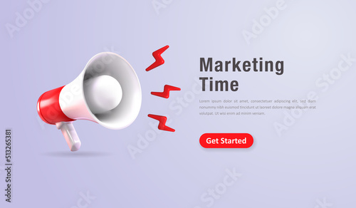 Marketing landing page concept, realistic 3d megaphone, loudspeaker with lightning. Vector illustration