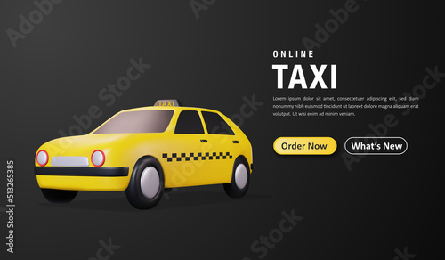 Realistic 3d taxi car, online transportation service landing page concept. Vector illustration
